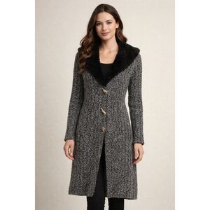 NILS Sportswear Women’s Long Knit Cardigan Sweater Wood Blend Faux Fur Collar S